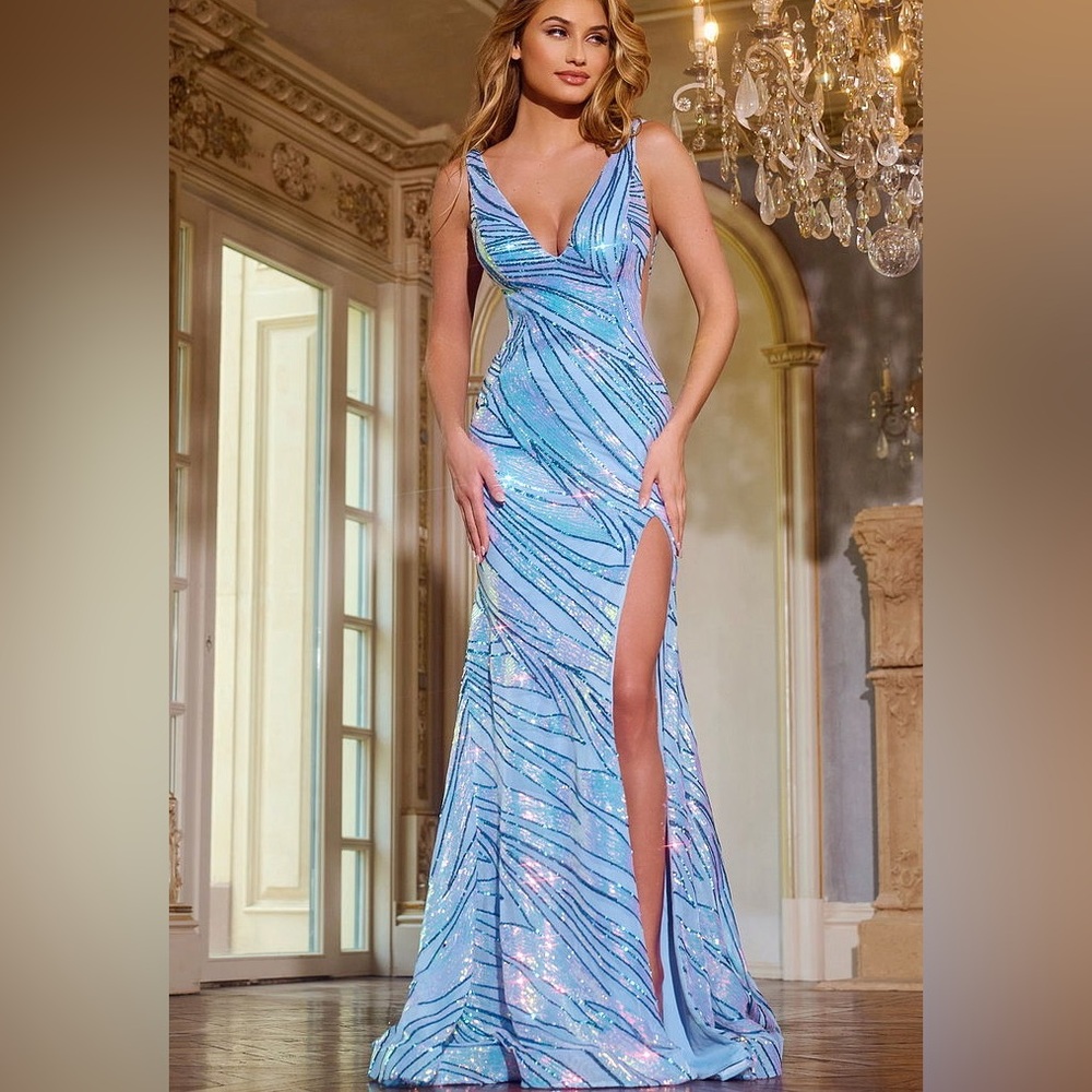 Jovani Light Blue Sequin V-Neck Prom Dress with Thigh Slit